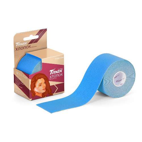 Тейп кинезиологический для лица TMAX Beauty Tape, хлопок, размер 5см x 5м, Цвет основной Голубой