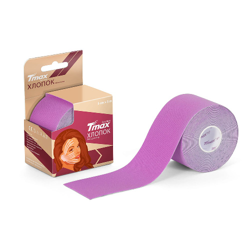 Тейп кинезиологический для лица TMAX Beauty Tape, хлопок, размер 5см x 5м, Цвет основной Сиреневый